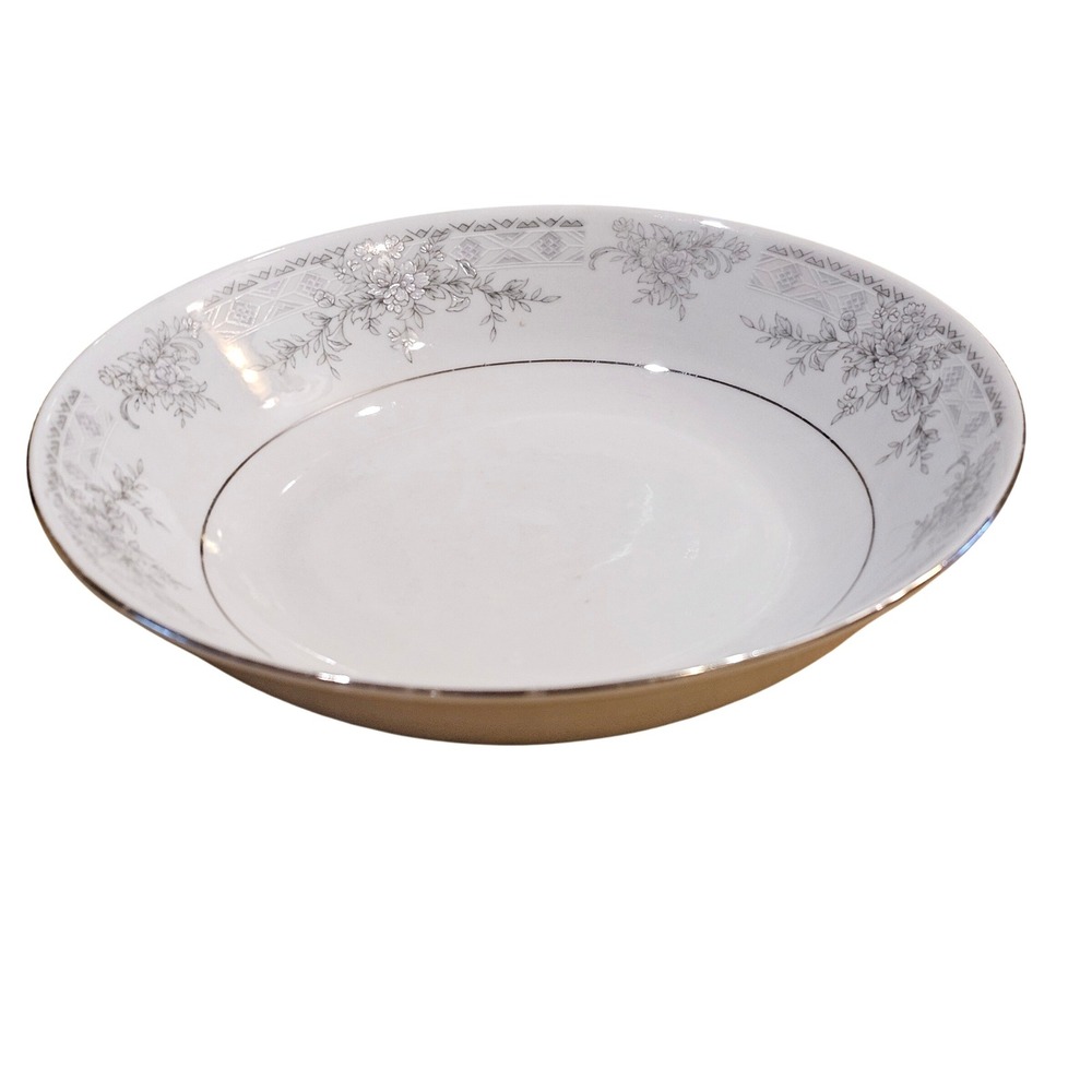Lynns Fine China Grey Floral Round cereal‎ Bowl Silver Trim 7.5 Inch Pasta Bowl